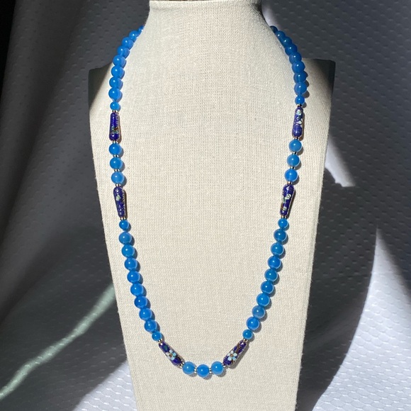 14k Gold Blue Cloisonné & Jadeite Jade Bead Necklace 24" - Picture 2 of 15